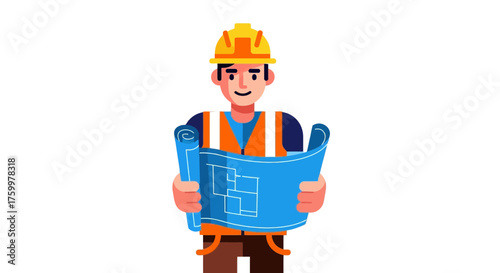 Architect Reviewing Blueprint, Construction Worker With Hard Hat, Vector Illustration