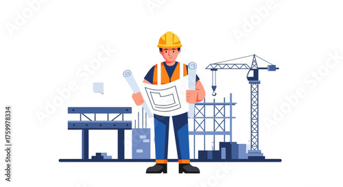 Architect Reviewing Construction Plans, Foreman Inspecting Blueprints At Construction Site