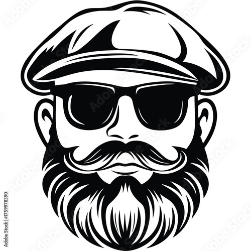 Monochrome bearded man with cap and sunglasses looks stylish in this design
