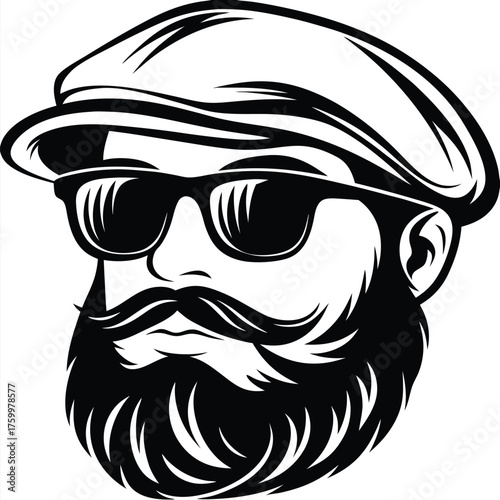 Monochromatic silhouette reveals cool bearded man wearing a flat cap and sunglasses