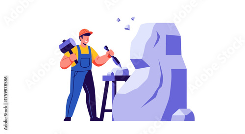 Artisan Crafting a Stone Statue with Hammer and Chisel on a Black Background
