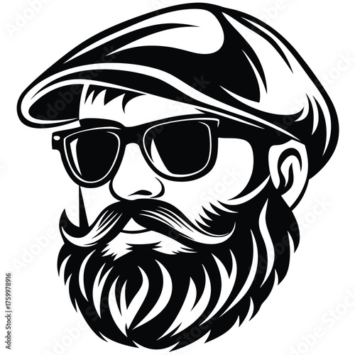 Stylish bearded man with cap and sunglasses in bold black and white design