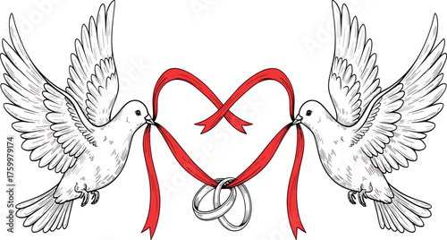 Two doves carrying a red ribbon heart and wedding rings creating an icon for love and marriage