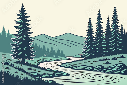 Minimal vector of Pocono Mountains river and pine forest
