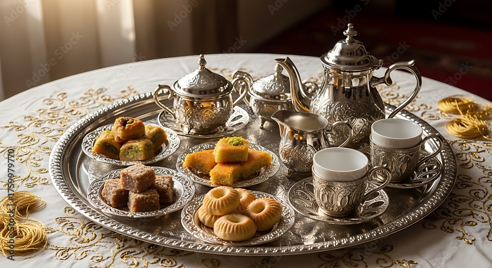 Fototapeta premium Elegant silver tea set with various Arabic sweets on a tray