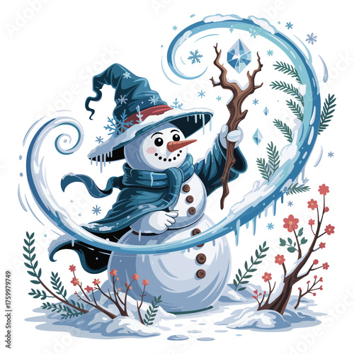 Enchanted Snowman Wizard Conjures Icy Swirls and Winter Blossoms