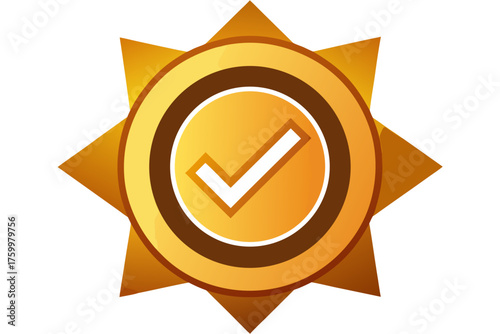 Golden emblem with checkmark symbolizing successful achievement