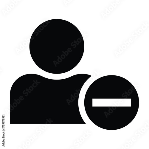 Black and white vector icon of person with minus sign symbol representing remove user, delete account, unsubscribe, unfriend, disconnection, or membership cancellation concept isolated.