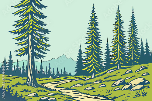 Flat design of Mount Rainier National Park alpine forest
