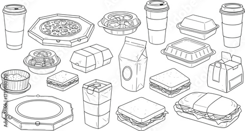 Collection of various takeout and delivery food packaging and containers