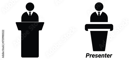 Vector icon showing two presenters standing behind podiums symbolizing public speaking, leadership, business presentation, conference communication, seminar, and corporate discussion concept.