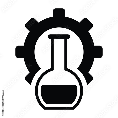 Vector icon of laboratory flask with gear symbol representing scientific research, industrial chemistry, innovation, biotechnology, engineering experiment and technology development concept.