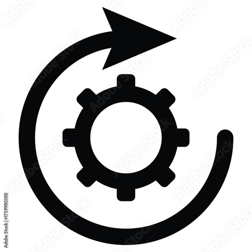 Vector icon of gear with circular arrow symbol representing process automation, system update, workflow optimization, mechanical rotation, engineering development and continuous improvement concept.
