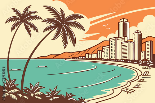 Flat design of Honolulu skyline and palm coastline view