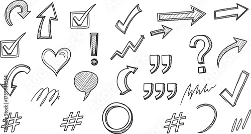 Collection of hand-drawn sketch icons including arrows, checkmarks, hearts, question marks, and speech bubbles, representing various concepts and ideas