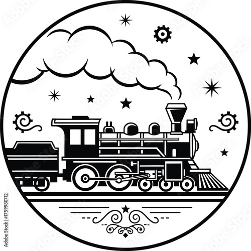 Vintage steam train locomotive emitting smoke inside circular frame with stars flat design vector illustration white background