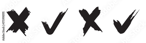 Right or wrong icons. Green tick and red cross checkmarks. Yes or no symbol, approved or rejected icon for user interface.