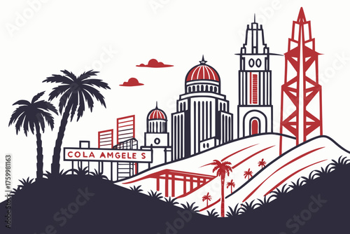 Flat vector of Los Angeles skyline and Hollywood Hills silhouette
