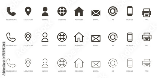 Business card and contact information icon set graphic elements. Flat filled and thin line editable stroke icons for phone, email, address, location, website, fax, and personal data symbols.
