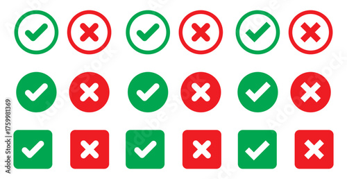 Right or wrong icons. Green tick and red cross checkmarks. Yes or no symbol, approved or rejected icon for user interface.