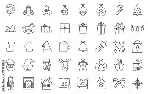 Christmas icon set. Thin line editable stroke icons for festive decorations, gifts, ornaments, xmas holiday symbols and graphic elements.