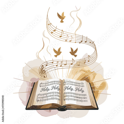 Open Bible with Holy Holy Holy Lyrics and Doves in a Worshipful Christmas Scene