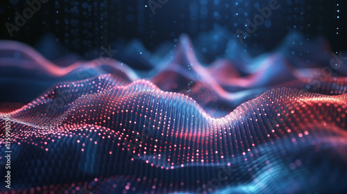 A futuristic abstract landscape composed of glowing digital particles forming undulating waves, with a vibrant interplay of blue and red light, representing data flow, network connections, or technolo