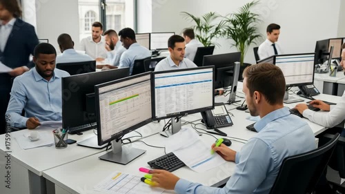 Group of business professionals working at desks with computers and documents in a modern office space