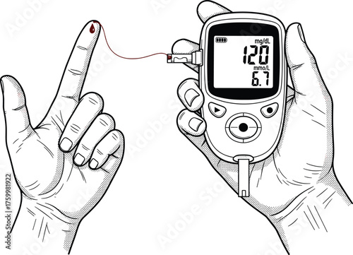 Blood glucose test illustration — hand using glucometer for diabetes check, medical drawing showing sugar level measurement 120 mg/dL