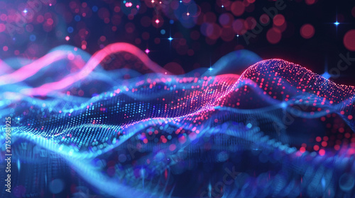 A futuristic abstract landscape composed of glowing digital particles forming undulating waves, with a vibrant interplay of blue and red light, representing data flow, network connections, or technolo