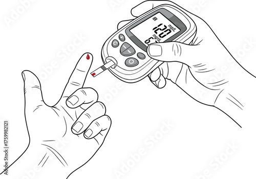 Glucometer blood sugar test illustration — hand checking glucose level with diabetes monitor showing 120 mg/dL measurement reading