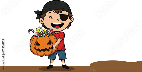 Happy pirate boy with Halloween pumpkin full of candies — cute kid trick-or-treating cartoon illustration for holiday designs