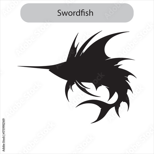Silhouette of a swordfish with a long, pointed bill and streamlined body, isolated on a plain background. Vector illustration symbolizing marine wildlife and ocean predators