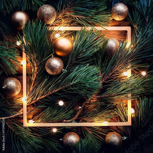 Tight frame on pine needles interspersed with gleaming decorations and luminous strands
