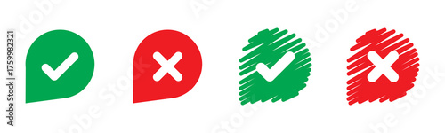 check mark icon button set. check box icon with right and wrong buttons and yes or no checkmark icons in green tick box and red cross. vector illustration