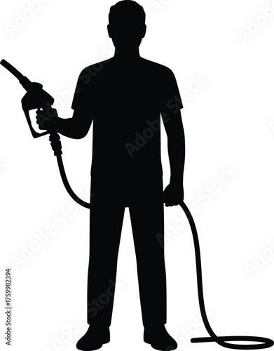 Gas Station Attendant Silhouette Holding Fuel Nozzle Illustration