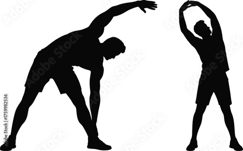 Stretching Exercise Silhouette of Two Men Warming Up Before Workout