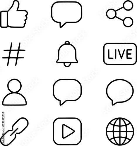 Black and white minimalist vector icon set of popular social media symbols including like, comment, share, follow, and live stream icons