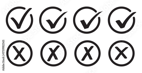 check mark icon button set. check box icon with right and wrong buttons and yes or no checkmark icons in green tick box and red cross