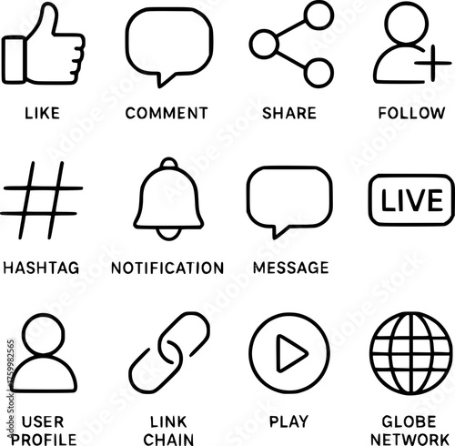 Black and white minimalist vector icon set of popular social media symbols including like, comment, share, follow, and live stream icons