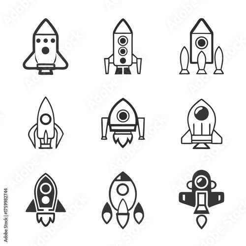 Nine outlined spacecraft icons in various styles are seen against a plain white background