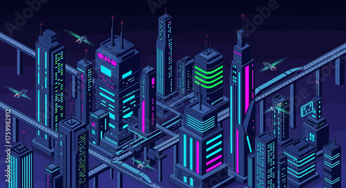 Futuristic cityscape with neon lights and flying vehicles at night