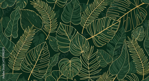 Elegant dark green tropical leaves with gold outline pattern