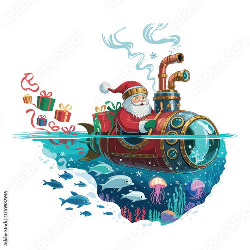 Underwater Submarine Adventure with Santa Claus Delivering Gifts to Marine Life