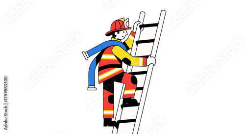 Brave Firefighter Scaling A Ladder, Dedicated To Community Service, Vector Illustration
