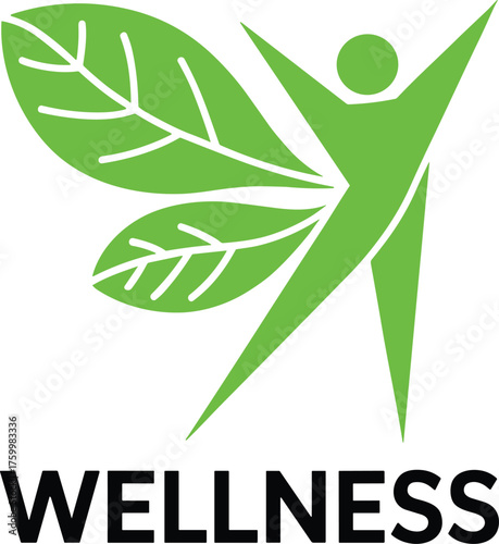 Wellness logo with person and leaf elements representing health and nature in green.