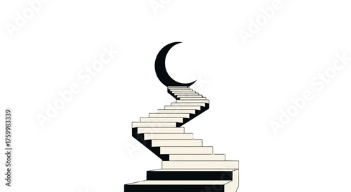 Ascending The Stairs Under A Crescent Moon Toward An Unknown Destination