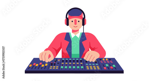 Audio Engineer Mixing Sound on a Console with Headphones in a Vivid Vector Style