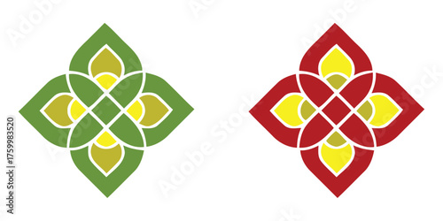 Two abstract, symmetric floral designs featuring interlocking, geometric patterns in vibrant green and a combination of red and yellow, suitable for patterns, logos, or decor.