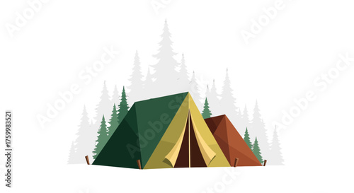 Camping Adventure: Illustrative Depiction Of Tents Nestled Amongst Evergreen Trees